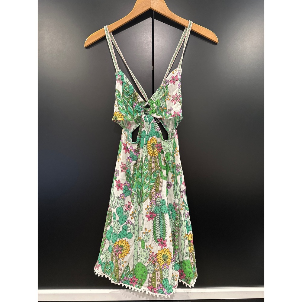 Trina Turk Cactus Print Cut-Out‎ Cover-Up Dress Green Floral Tassels Small NWT